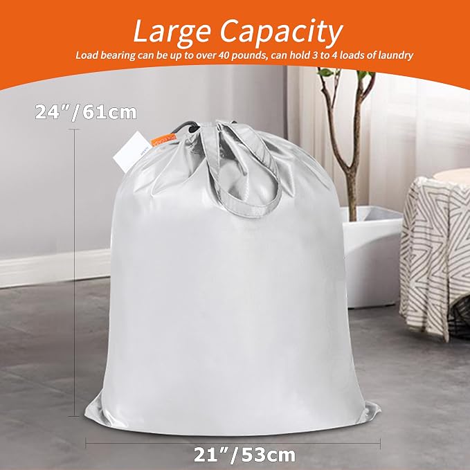 Extra Heavy-Duty Laundry Bag with Handles, Silver, 21x24” | Medium Size, Name ID Tag, Machine Washable, Reinforced Handles, Drawstring Closure, For College Dorm Travel