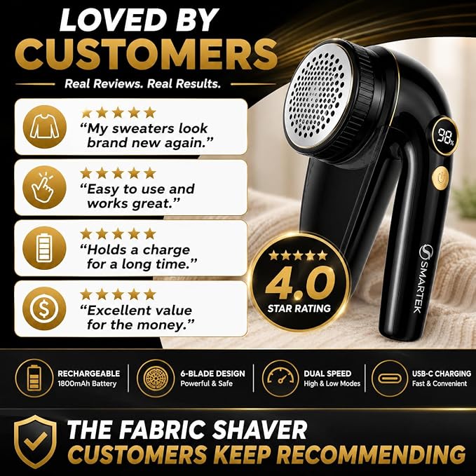 Smartek Rechargeable - Fabric Shaver for Clothes - Lasts for Hours Between Charges - 2-Speeds with High and Low Lint Shaving Modes - Built-in LED Screen - Lint Shaver for Removing Fuzz and Pilling