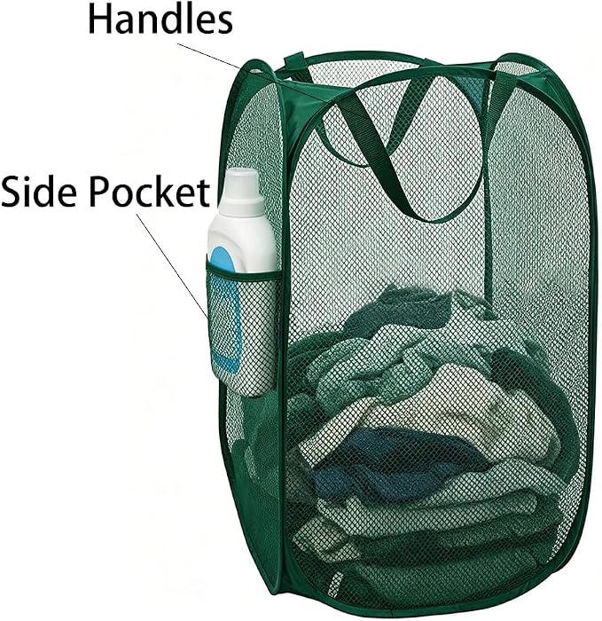 Larpur Pop Up Laundry Hamper Collapsible Mesh Clothes Basket, Dark Green | Portable Laundry Hamper Foldable Dirty Clothes Hamper Storage for Home, Dorm, Travel, Cruise