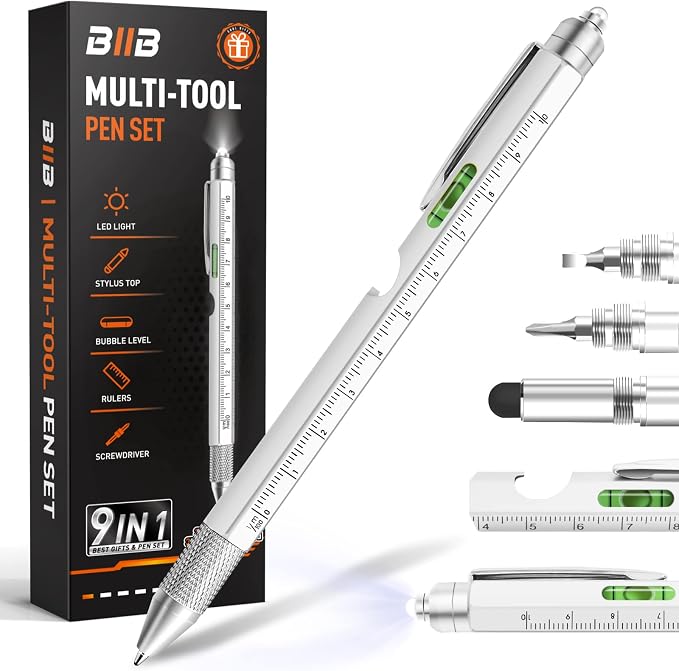 BIIB Gifts for Men 9 in 1 Multitool Pen, Mens Gifts for Him Dad Husband, Dad Gifts from Wife Daughter, Gift for Mens Who Have Everything, Cool Gadgets for Men, Useful Tools