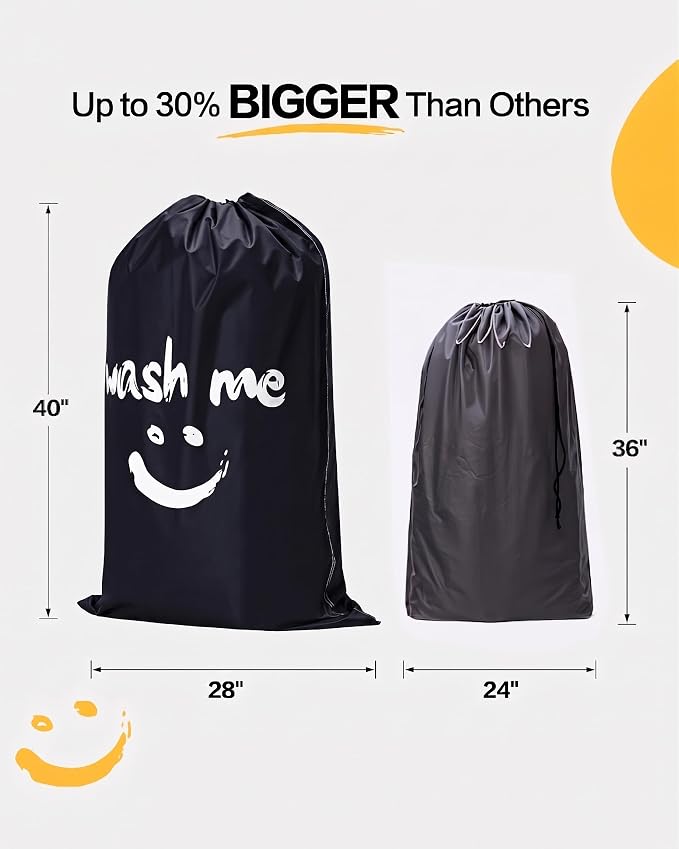 HOMEST 2 Pack XL Wash Me Travel Laundry Bag, Dirty Clothes Organizer, Large Enough to Hold 4 Loads of Laundry, Easy Fit a Laundry Hamper or Basket | Holds 3-4 Loads, Machine Washable Drawstring Laundry Bag for Dorm, Camp, Laundromat,Family,Travel,Black...