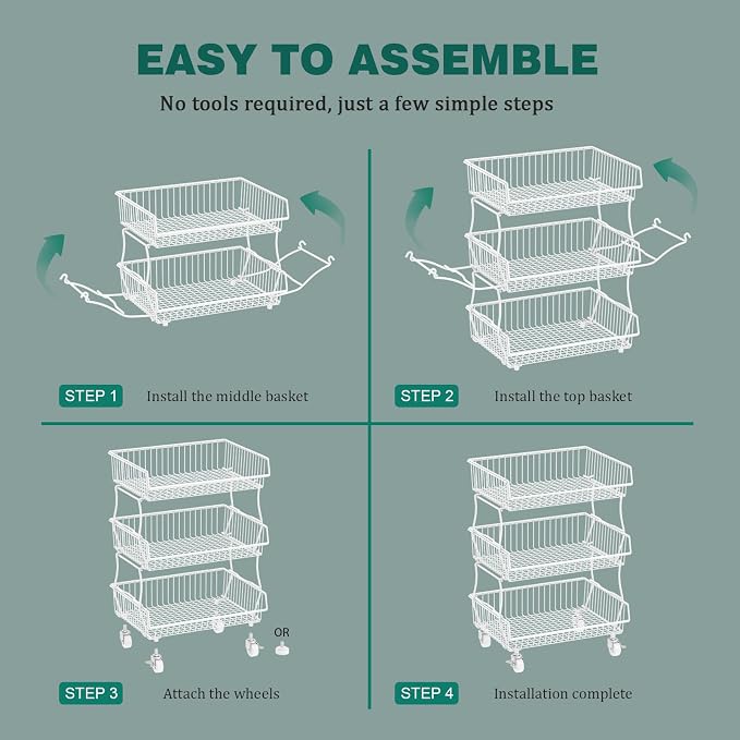 Giwil 3-Tier Rolling Pantry Organizers Fruit Vegetable Storage Basket Cart | 23.62"H under pantry shelf, metal frame, extra standing feet, kitchen produce wire basket for snack fruit onion potato, white