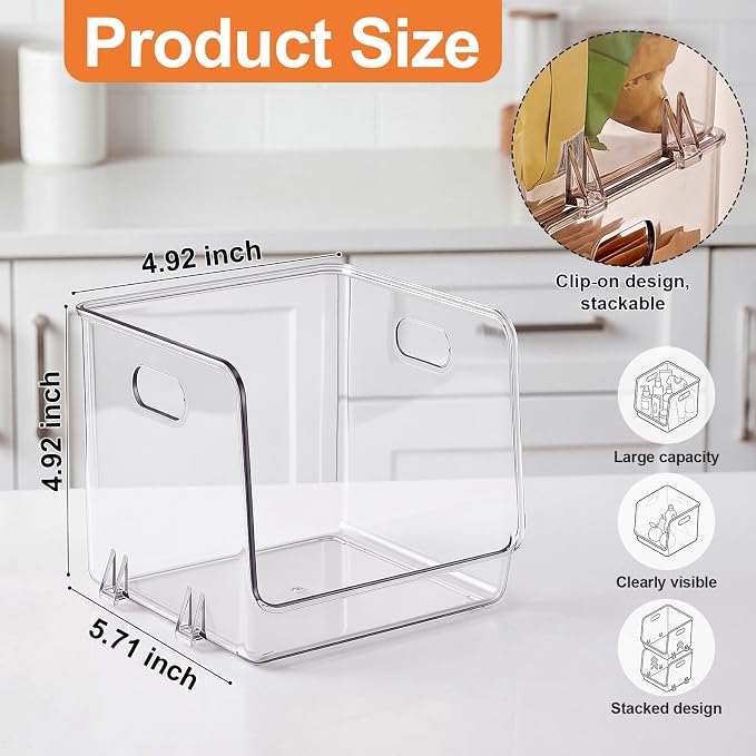 4 Pcs Clear Plastic Storage Bins Stackable Pantry Storage Organizer Kitchen Cabinet Organizers Ideal Containers for Coffee Pod Tea Sugar Bag Fridge Caddy Office