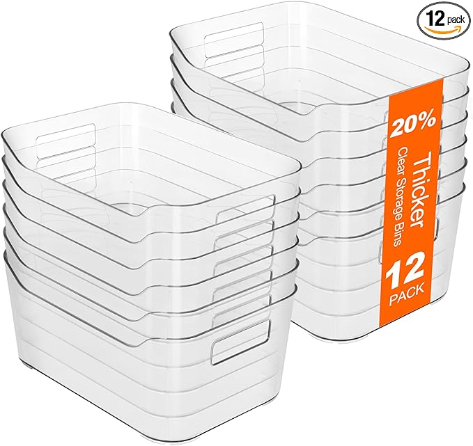 Hudgan 12 Pack Pantry Storage Bins for Kitchen Cabinet, Clear Plastic Organizer Bins for Bathroom, Pantry Organizer Containers for Home Edit, Drawer, Under Sink, Fridge and Closet