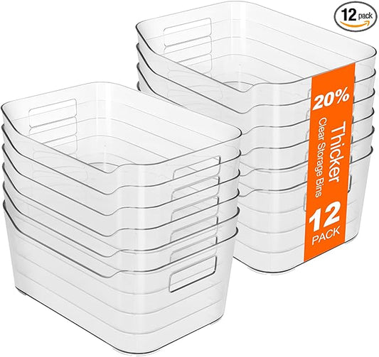 Hudgan 12 Pack Pantry Storage Bins for Kitchen Cabinet, Clear Plastic Organizer Bins for Bathroom, Pantry Organizer Containers for Home Edit, Drawer, Under Sink, Fridge and Closet