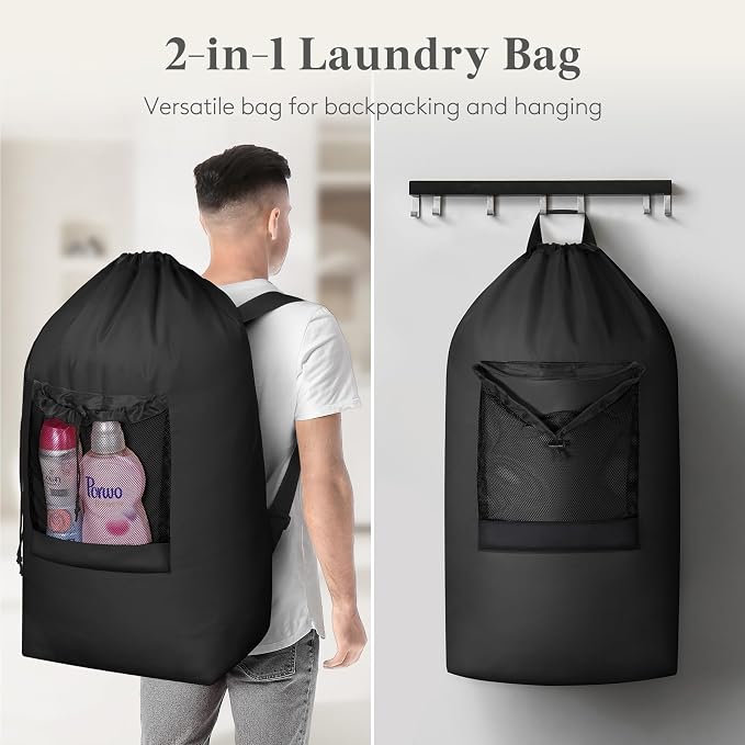 Lifewit Laundry Bag Backpack Travel, 90L, Black | Extra Large Bag with Shoulder Straps and Mesh Pocket for Laundromat, Heavy Duty Basket for Dirty Cloth College Dorm Apartment