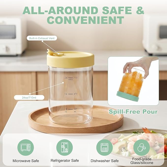 4-Pack Glass Soup Freezer Containers with Vented Silicone Lids, 24oz High Borosilicate Meal Prep Jars, Leakproof Microwave and Dishwasher Safe Food Storage Set for Stew, Sauce, Home and Office