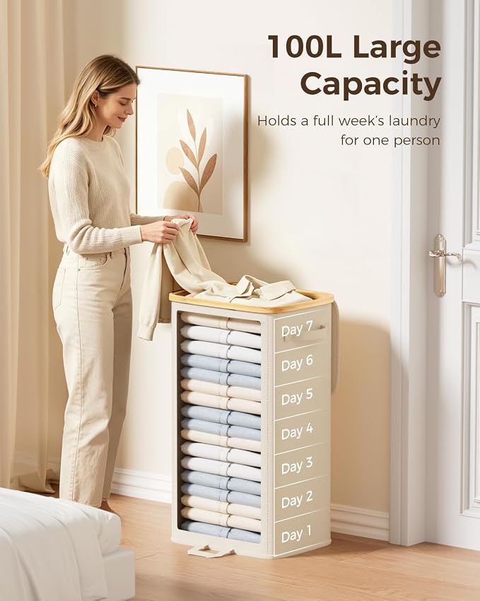 100L Laundry Hamper with Lid, Large Hamper for Clothes, Off White | Elegant bamboo appearance, Foot Loop, Removable Bag Easy to Lift and Carry, Bathroom, Bedroom, Laundry Room, Dorm