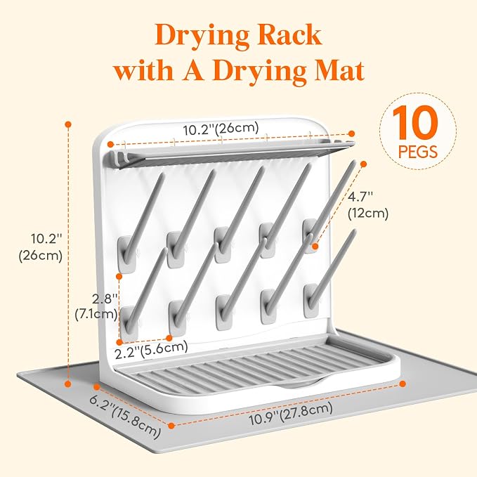 Lifewit 10-Hooks Baby Bottle Drying Rack with Drain Mat for Countertop | Vertical Bottle Storage Organizer, Stand-Up Dryer Holder for Pacifiers, Pump Parts, Baby Stuff, Newborn Essentials Must Haves