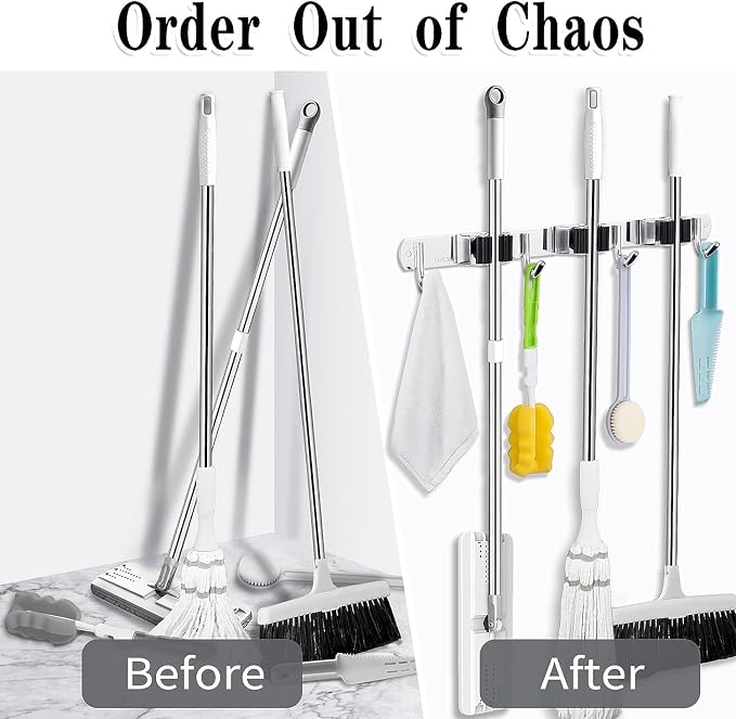 2 Pack Broom Holder Wall Mount, 3 Racks 4 Hooks Mop and Broom Organizer | Mop Holder Wall Mount and Broom Hanger for Garage, Laundry Room, Kitchen and Utility Storage