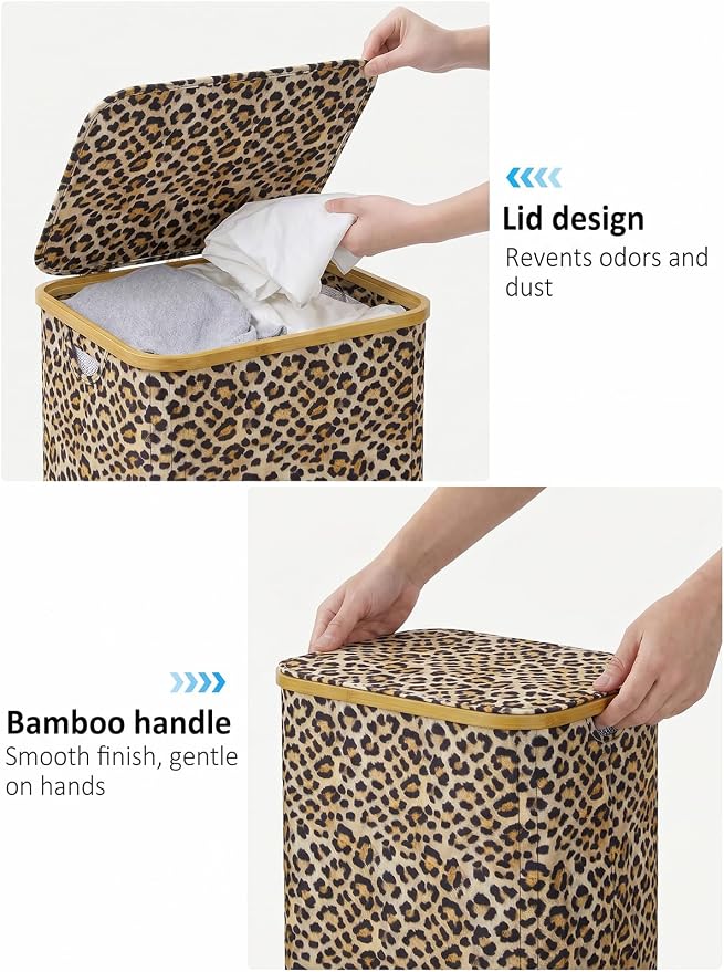 IEGrow Laundry Hamper with Lid,110L Laundry Basket with Bag,Leopard Print | Dirty Clothes Hamper Basket with Bamboo Handle for Clothes Towels Organization