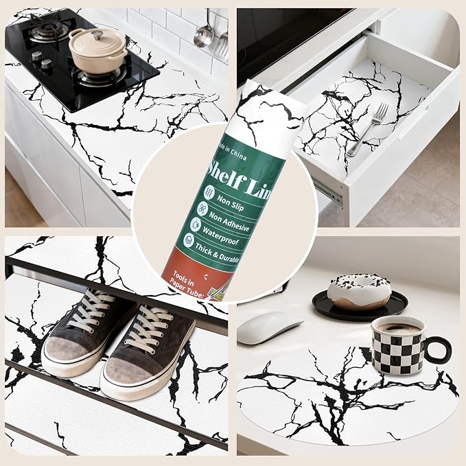 2-Layer Drawer and Shelf Liner for Kitchen Cabinet: 17 in X 30 Ft Non Slip | Waterproof Shelf Paper Non Adhesive Refrigerator Liners White/Black Marble Easy Liners for Bathroom with Knife Tape Measure
