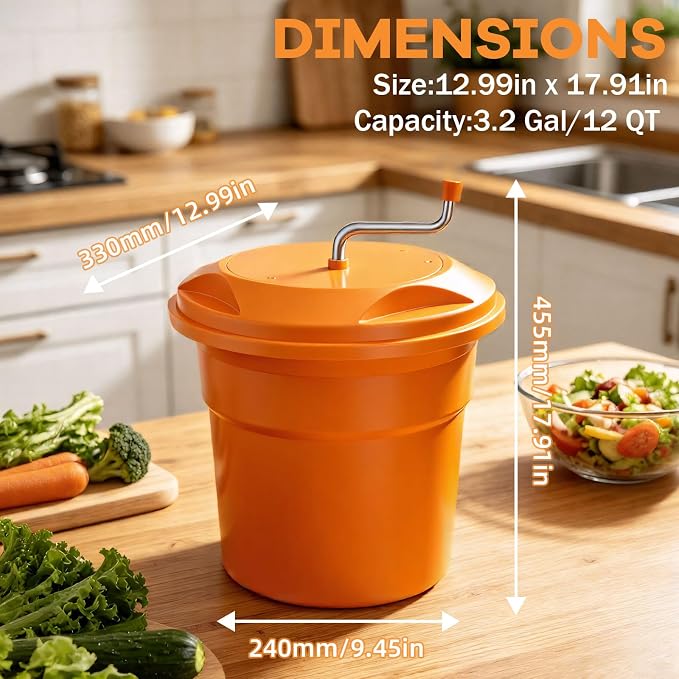 3.2 Gallon Commercial Salad Spinner, Heavy Duty Salad Dryer with Draining Hose, 12Qt Manual Lettuce Dryer for Washing, Spinning & Draining, Holds 4 Heads of Lettuce for Restaurant Kitchen Prep