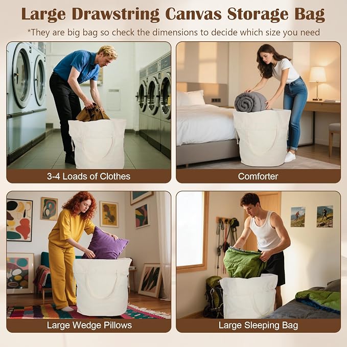 Canvas Laundry Bag with Handles & Square Base, XXL 18"Wx18"Dx27.6"H, Beige | Extra Large Heavy Duty Laundry Basket Hamper Liner Replacement, Washable Drawstring Dirty Clothes Bag, Canvas Storage Sack