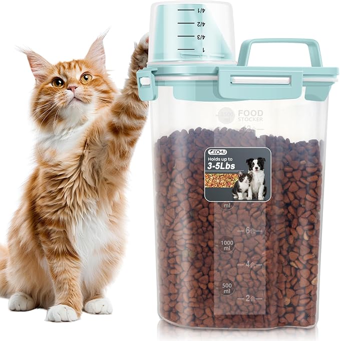 Dog Cat Food Storage Container, Pet Food Pourable Container Airtight with Large Spout & Cup, BPA-Free Plastic Food Dispenser for Pet Food, Bird Seed, Rice, Flour (Dry Blue, 2.5L)