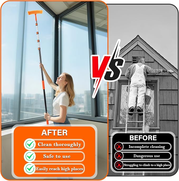 26FT High Ceiling Duster with Extension Pole,High Reach Duster Cleaning Kit | Ceiling Fan Cleaner Duster, Cobweb Dusters & Window Cleaning Squeegee Kit for Fan Blades, Furniture, Corner, Long Dusters
