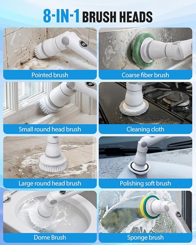 Electric Spin Scrubber, Cordless Shower Scrubber with 8 Replaceable Brush Heads, Adjustable Long Handle Bathroom Scrubber, 3 Speeds LED Display, IPX7 Waterproof Cleaning Brush for Bathtub Tile Floor
