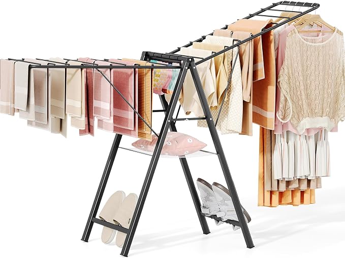 APEXCHASER Clothes Drying Rack, 67.7" L Height Adjustable, Foldable, Black | 1.5"Folded, No Assembly, Space-Saving, Spacious Design, Adjustable Wings, Clips, Mesh Shelf, Shoe Rack, Indoor & Outdoor Use