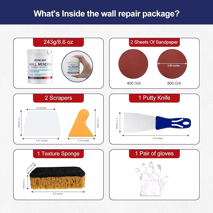 BONCART 8.6Oz Drywall Patch Repair Kit – Professional All-in-1 Tool Set | Includes Scrapers, Putty Knife, Texture Sponge, Sandpaper, And Gloves. Fast Wall Hole Repair