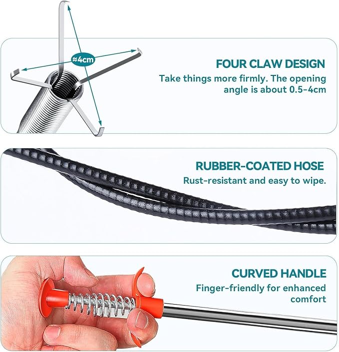 33.8 inch Drain Snake Hair Drain Clog Remover Tool - Sink Drain Cleaner for Toilet Sewer Shower Kitchen Bathroom Tub Clogged Drains Opener Cleaning Tool, Flexible Grabber Claw Pick Up Tool (33 in)