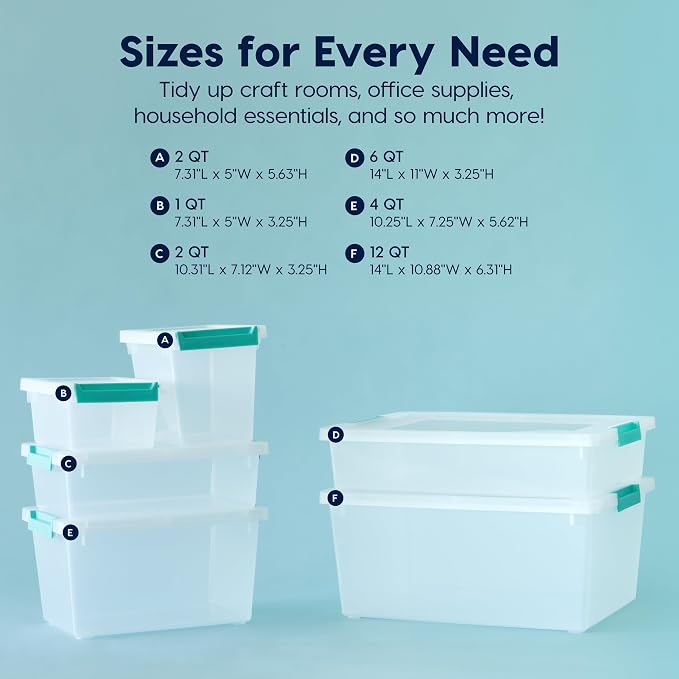 IRIS USA 1 Qt. Craft Storage Bins with Lids, 6-Pack, |Made in USA|, Clip Box, Small Plastic Sensory Bin Tote Organizer Containers for Art Supplies, Paper, & Office, Stackable - Clear/Seafoam Blue