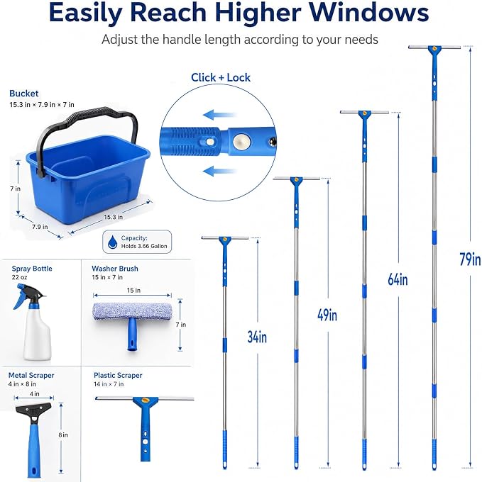 Window Cleaning Kit with Extension Pole Professional Window Washing Kit | with Bucket, 79"Window Squeegee with Microfiber Scrubber Scraper,Window Cleaner Tool for Indoor Outdoor High Windows