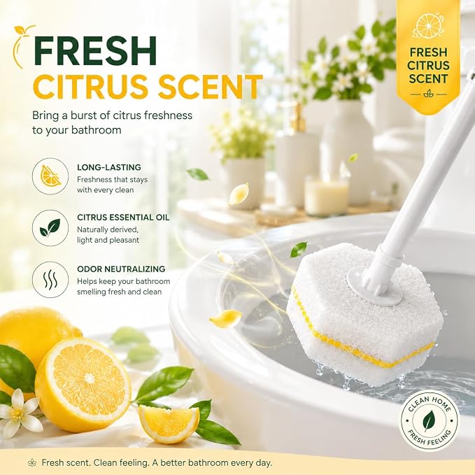 Toilet Wand Refills 60 Count Lemon Scent – Disposable Toilet Bowl Cleaner Brush Heads with Fresh Citrus Fragrance, Fits Most Standard Toilet Wand Handles, Hygienic No-Touch Cleaning Sponge Pads