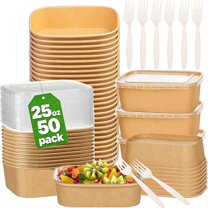 50 Pack 25Oz Disposable Meal Prep Containers With Lids and Forks-Disposable Kraft Paper Bowls-to go food containers-Microwavable and Freezer Safe Take Out Containers for Hot/Cold Food Prep and Salad