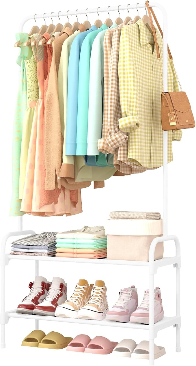 Sakugi Clothes Rack - 29.3" × 12.5" × 59.6" Clothing Rack and Shoe Rack with Anti-Slip Stopper, Large Capacity Rack with 2-Tier Shoe Organizer, Clothes Organizer for Bedroom, Entrance, Laundry, White