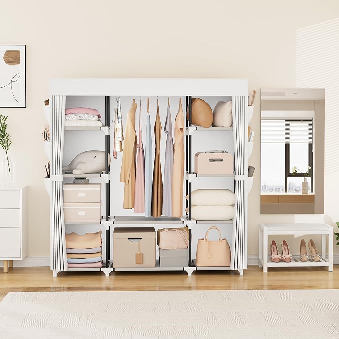 VTRIN Portable Closet Wardrobe for Hanging Clothes 57.3 Inch Large Capacity Clothes Rack with Cover, 10 Storage Organizer Shelves, 1 Hanging Rods and 6 Pockets, Free Standing Closet, White