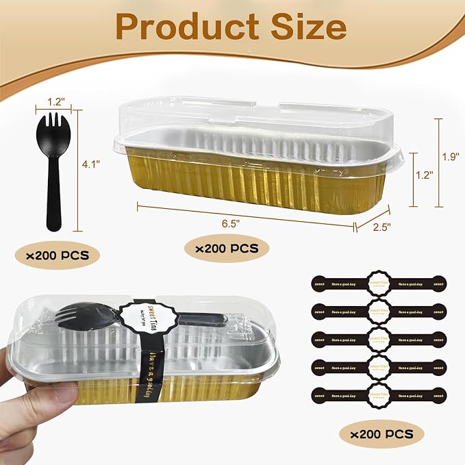 Mini Cake Pans with Lids and Spoons 200 Pack, Mini Loaf Pans with lids 6.8oz, Small Disposable Aluminum Foil Loaf Pans, Rectangular Baking Container for Party, Picnics and Housewarming (Gold)