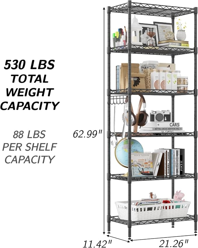 Homdox 6-Tier Storage Shelf Wire Shelving Unit Free Standing Rack Organization Adjustable Leveling Feet, Stainless Side Hooks, Black
