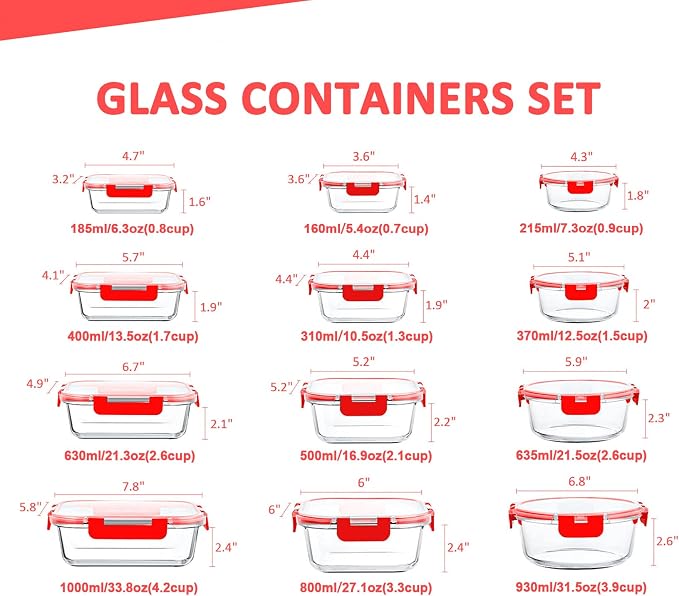 KOMUEE 24 Pieces Glass Food Storage Containers Set, Meal Prep Containers, BPA-Free Airtight Glass Storage Containers with lids, Freezer, Microwave and Oven Safe, Red