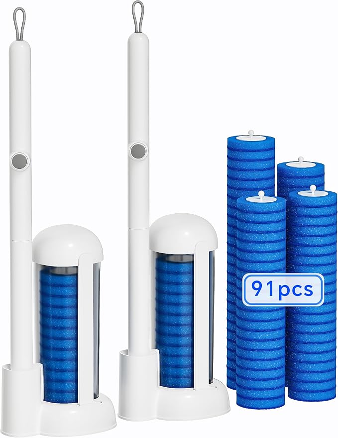 Toilet Wand Kit, Disposable Toilet Bowl Cleaner Brush with Blue Replacement Heads, Press-Button Wand and Self-Closing Freestanding Holder (2 Toilet Brush + 91 Refills)