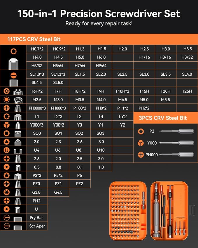 LIFEGOO Precision Screwdriver Set, 150 in 1 Magnetic Screwdriver Set with mini built-in box, Repair Tool Kit for Computer, Laptop, iPhone, Macbook, PC, PS5, Xbox Controller, Jewelers, Glasses Orange