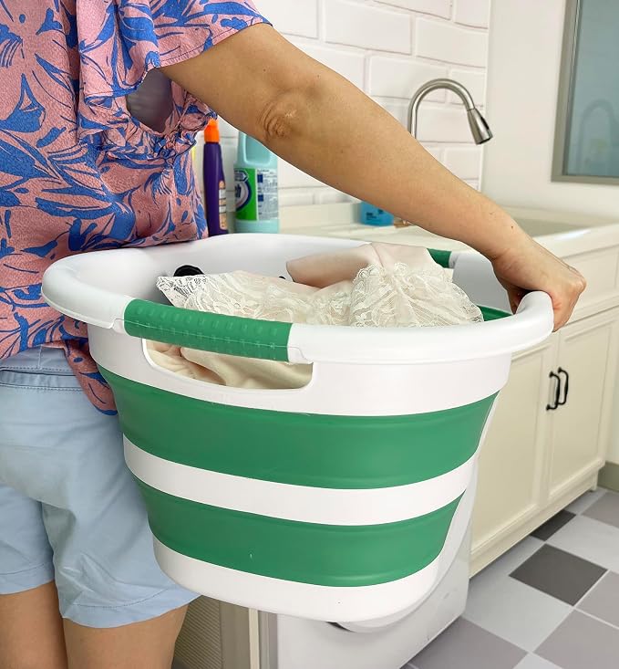 SAMMART 40L (10.5 gallon) Collapsible Plastic Laundry Hamper - Foldable Pop Up Storage Container/Organizer - Portable Washing Tub - Space Saving Basket (1, White/Winter Green)
