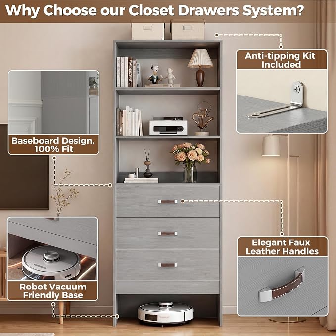 Armocity 4FT Closet System with Leather Handles, 48" Walk-in Closets Storage Unit with Cabinet, Wood Wardrobe Closet Organizer and Storage with 6 Drawers, Set of 2, Grey