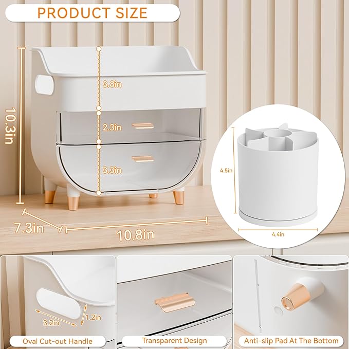 Yieach Countertop Makeup Organizers with Drawers,Handle and Make up Brush Holder,Large Makeup Skincare Organizer for Bathroom Vanity,Cosmetic Display Cases for Hair Tool,Lotion,Skin Care Storage,White