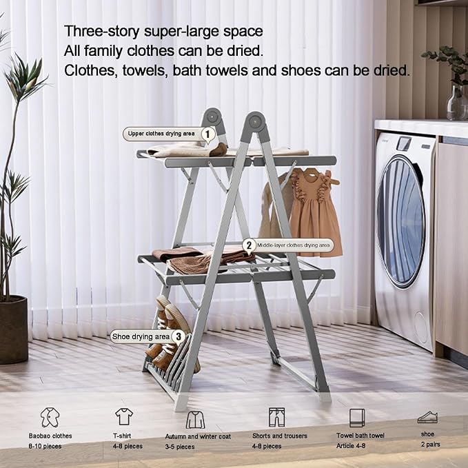 Heated Electric Clothes Dryer 2 Tier Adjustable Airer, Aluminium Foldable Drying Rack, Energy Efficient Indoor Garment & Shoe Dryer