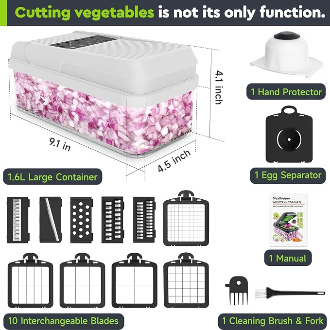 MealHelper 15-in-1 Vegetable Chopper, 10 Blade Veggie Chopper, Practical Food Chopper with Container, Cheese Grater, Home Essentials & Kitchen Gadgets(Black)