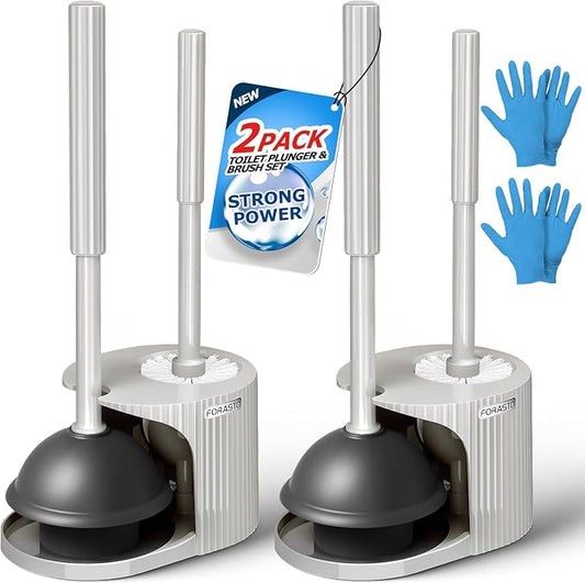 FORASTO 2Pack 2 in 1 Toilet Brush and Plunger Set,Clean Gloves, Extended Handle Plunger，Toilet Bowl Brush Plunger Set,Bathroom Cleaning Tools,Toilet Brush Plunger Combo,Cleaning Brush(Light Grey)
