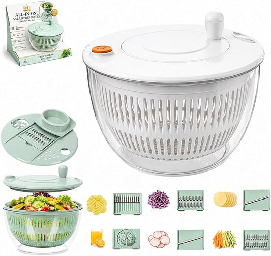Multifunctional Salad Spinner with Slicer, 3 in 1 Vegetable Fruit Washer Dryer, Kitchen Chopper Tool Set with 5 Interchangeable Blades Egg Separator Large Lettuce Dehydrator | White