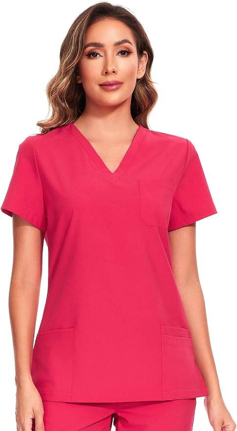 Scrubs Tops for Woman - Soft Stretch, V-Neck Tops | 3 Pockets, Side Split Design, Short Sleeve, Breathable & Lightweight Nursing Shirt, Easy-Care Fabric for All-Day Comfort