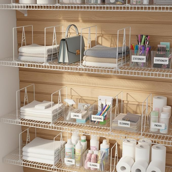 Wire Shelf Dividers - White Closet Organization & Storage Organizer - No Tool Shelf Divider for Wire Shelves - Metal Shelf Accessories – for 12“ Deep Wire Shelves – Tall 12” Height – 20 Pack