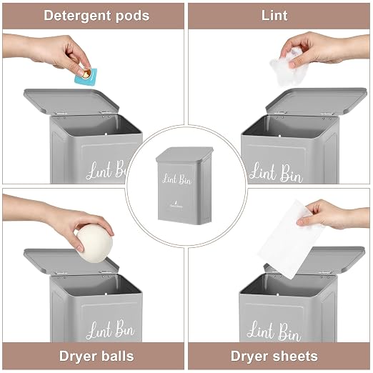 Magnetic Lint Bin for Laundry Room Organization and Storage,Light Grey | Wall Mounted Metal Lint Box Holder Trash Can with Lid for Dryer,Lint Basket for Laundry Room Decor