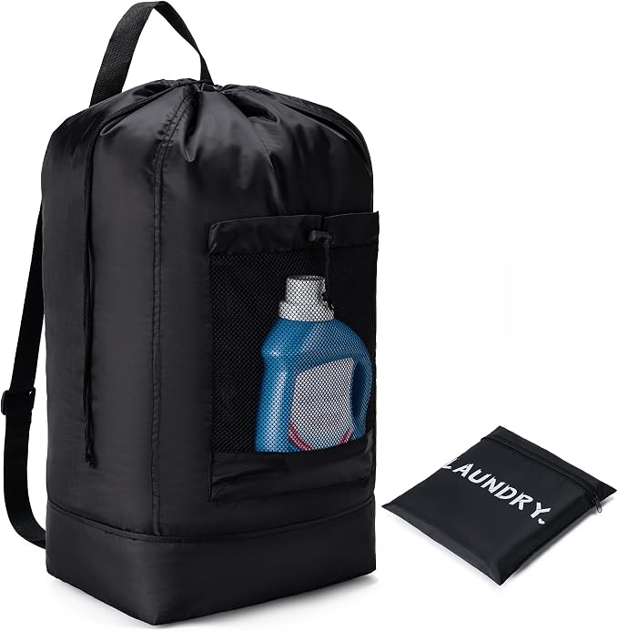 Backpack Laundry Bag,Large Travel Laundry Bags (Black) | with Shoulder Straps and Mesh Pockets,Laundry Backpack with Drawstring Closure for College,Trave,Dorm, Apartment,Laundromat