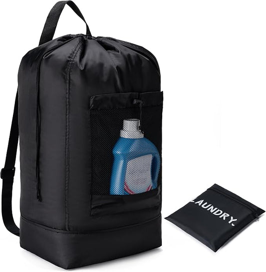 Backpack Laundry Bag,Large Travel Laundry Bags (Black) | with Shoulder Straps and Mesh Pockets,Laundry Backpack with Drawstring Closure for College,Trave,Dorm, Apartment,Laundromat
