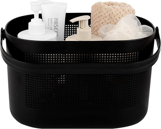 Plastic Protable Shower Caddy Basket, Storage Organizer with Handle, Black | Bottom Drain Holes, Keep Dry, Sturdy and Durable, Easy to Carry for Bathroom, Kitchen, Dorm Room, RV, College