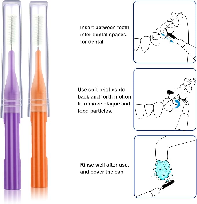 Patelai 100 Count Interdental Brush Set, Soft Braces Cleaner Picks with Cap, Multi Size Teeth Gap Cleaning Tool for Orthodontic Care Bridge Implant Travel Kit(Orange, Purple)