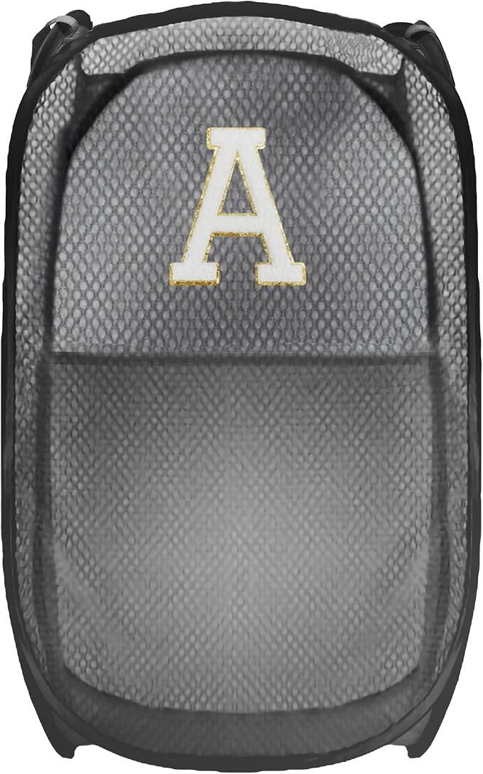 Collapsible Pop Up Laundry Hamper, Extra Large with Removable Initial Letter A, Mesh Foldable Laundry Basket, 28" x 16" x 16" (Black)